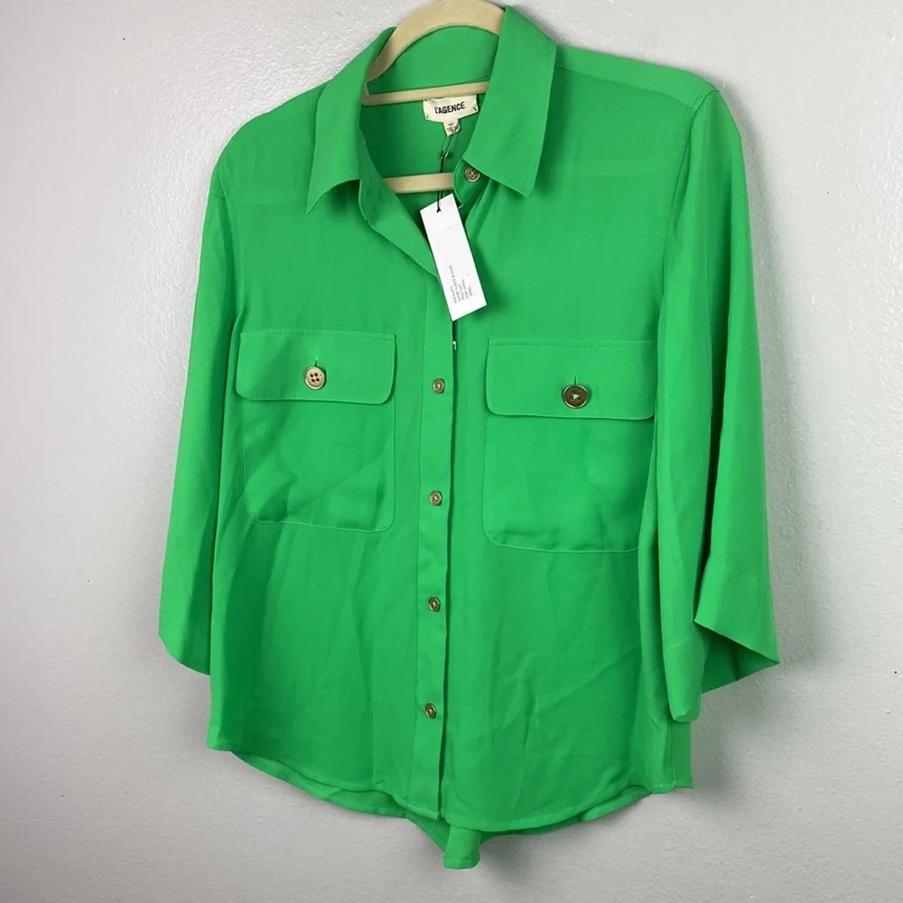 NWT L’AGENCE | Pop Green Short Sleeve Blouse XS - Picture 5 of 6